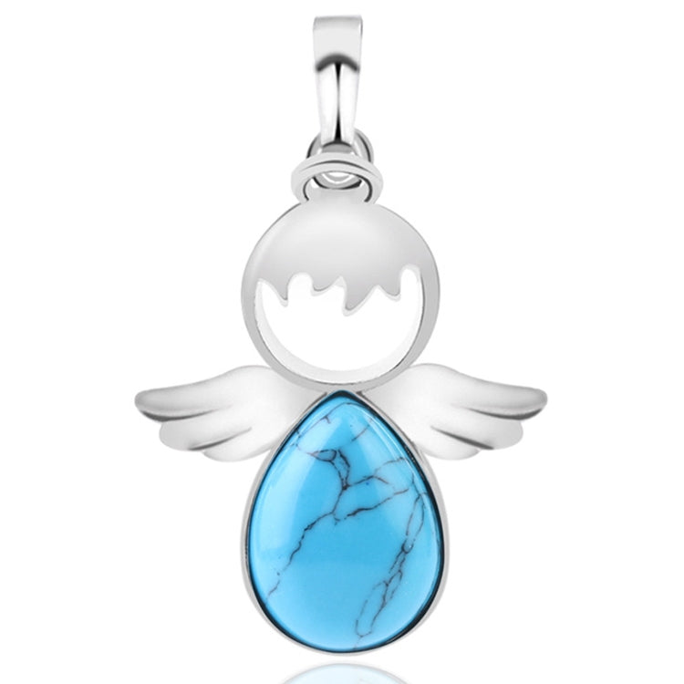 Silver angel wing pendant necklace with blue turquoise teardrop crystal charm