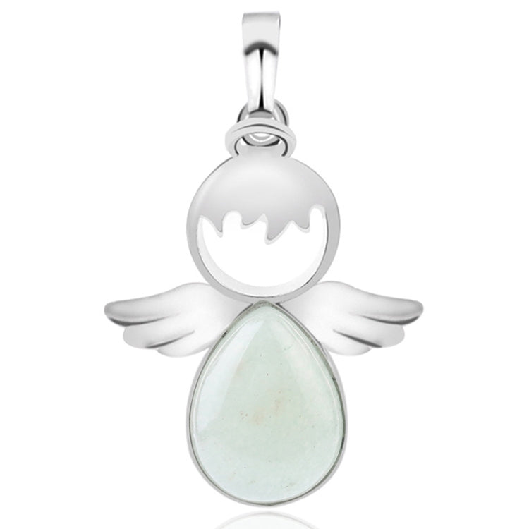 Silver angel wing pendant necklace with light green opal teardrop crystal charm
