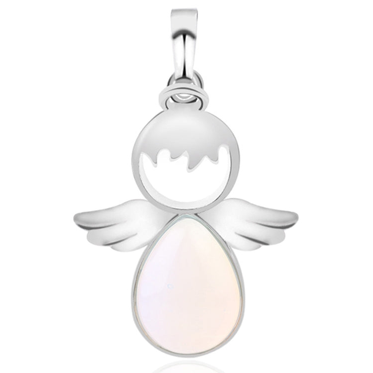 Angel wing pendant necklace with pale white teardrop crystal charm