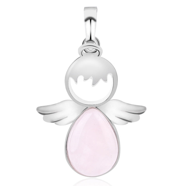Angel wing pendant necklace with light pink teardrop crystal charm