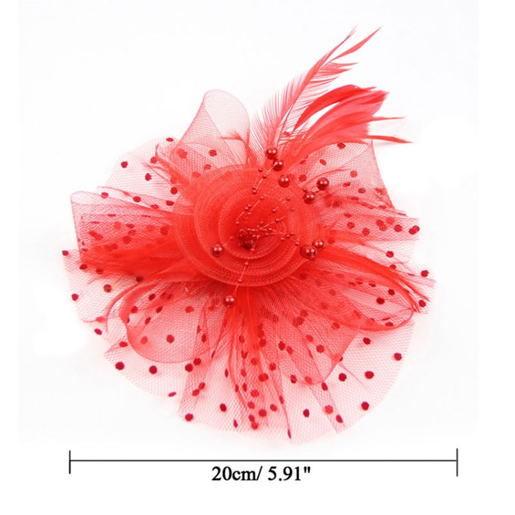 Red mesh fascinator with large beaded flower and veil, size shown