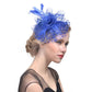 Blue mesh bridal fascinator with feather plume and beaded spiral flower