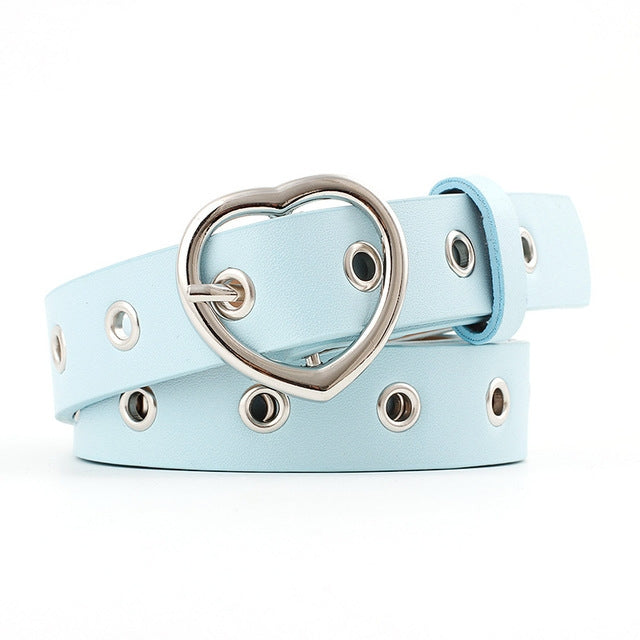 Light blue narrow leather belt with silver heart buckle and round grommet studs