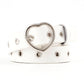White narrow leather belt with silver heart buckle and round grommet studs