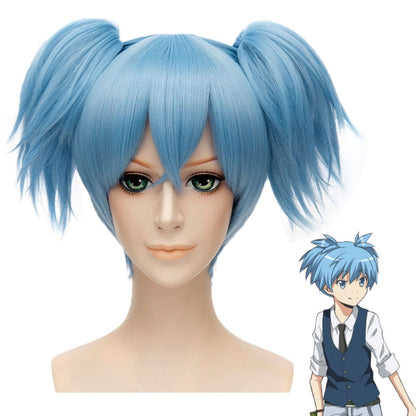Light blue synthetic wig with long bangs and twin ponytails, cosplay style.