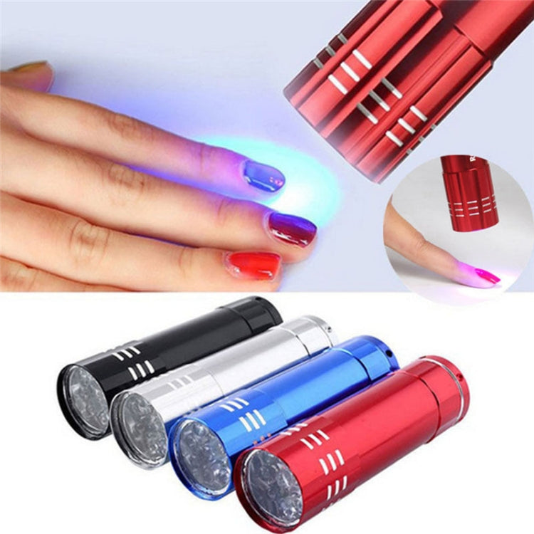 Two-pack mini LED UV nail dryer flashlights in black, blue, and red with bright LED glow