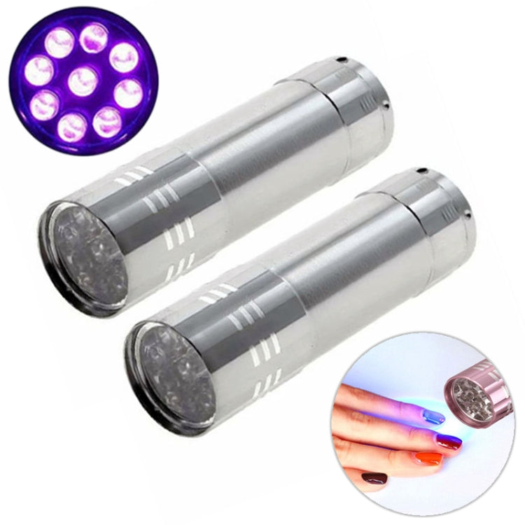 Silver mini LED UV nail dryer flashlights, two-pack with round lens ends and purple LED panel