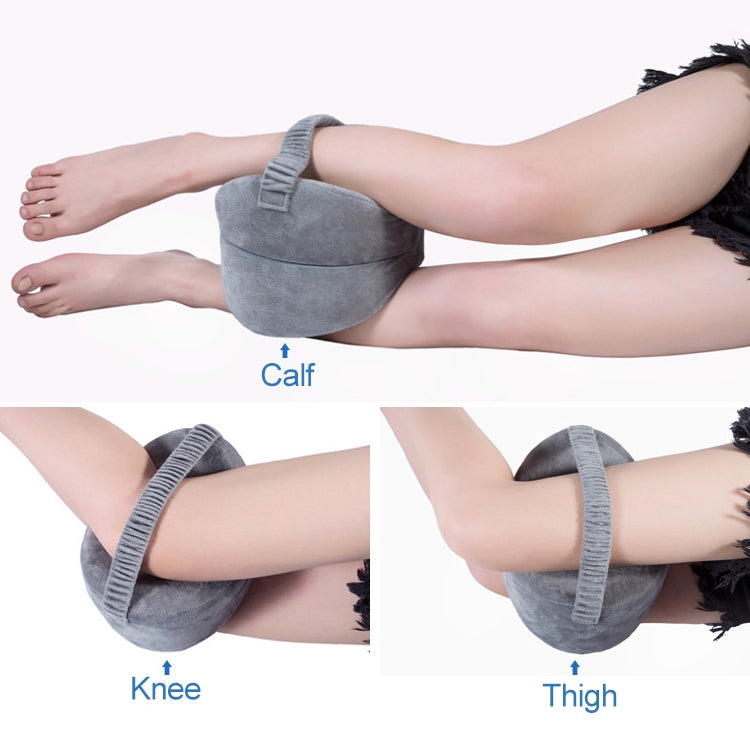 Light gray strap-on leg pillow cushion for calf, knee, and thigh positioning