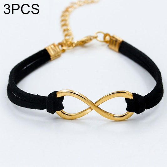 Black twine infinity symbol bracelet with gold-tone metal clasp and knotted ends