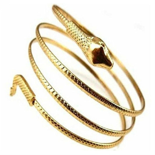 Twisted snake bangle bracelet set, three gold-tone cuffs with snake-head end pieces