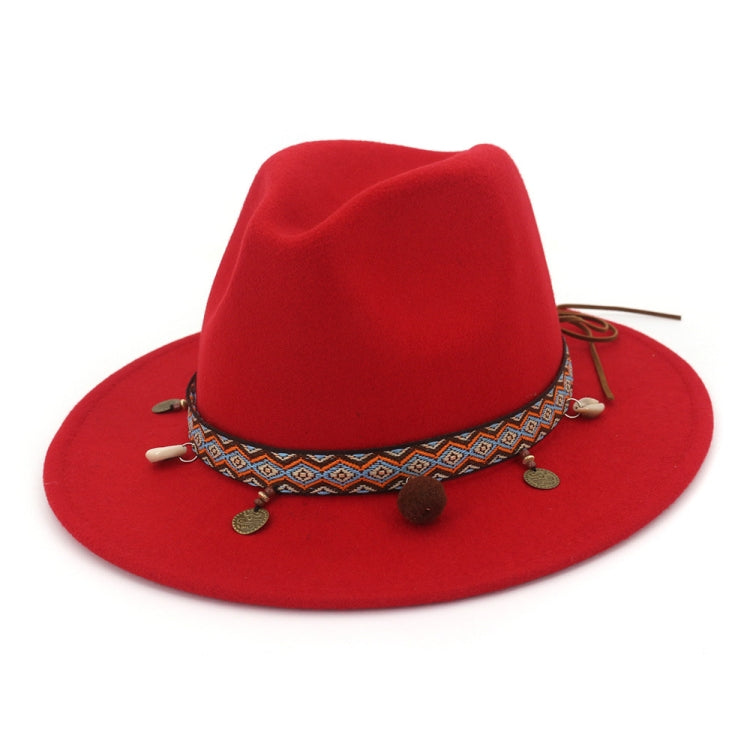 Red felt wide-brim hat with patterned band and dangling coin charm tassel trim