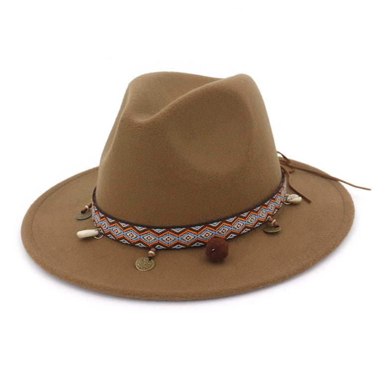 Tan felt wide-brim hat with patterned band and dangling bead coin charm tassels