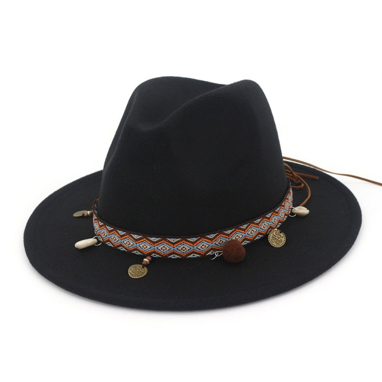 Black felt wide-brim hat with patterned band and dangling coin charm tassel trim
