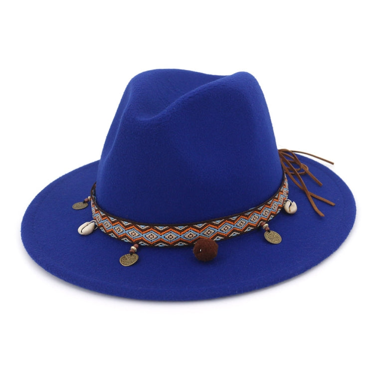 Blue wool felt jazz cap with patterned band and dangling pom-poms