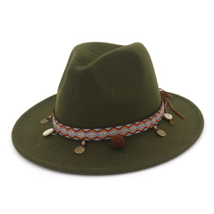 Olive green wool felt jazz cap with patterned band and dangling charms
