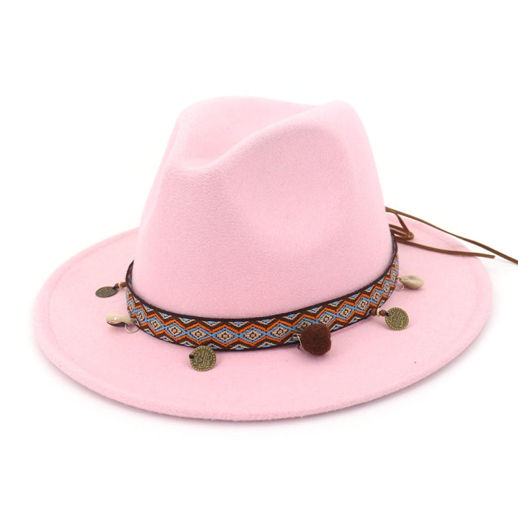 Pink felt wide-brim hat with patterned band and pom pom tassel trim
