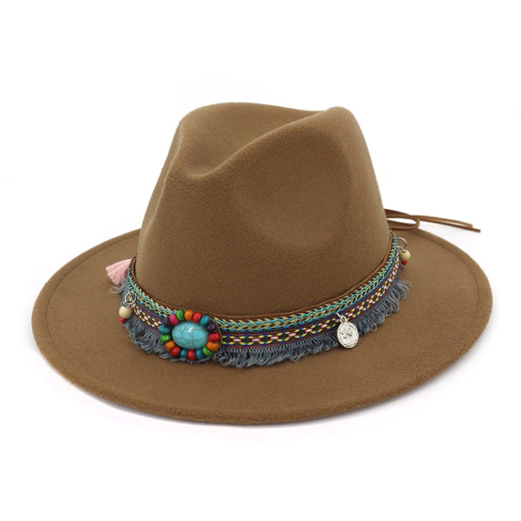 Brown felt wide-brim hat with patterned band, bead tassels, and dangling charms