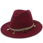 Burgundy felt wide-brim hat with patterned band and dangling coin charm tassels