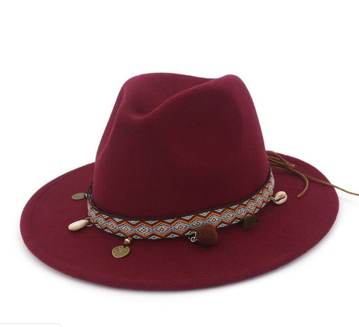 Burgundy felt wide-brim hat with patterned band and dangling coin charm tassels
