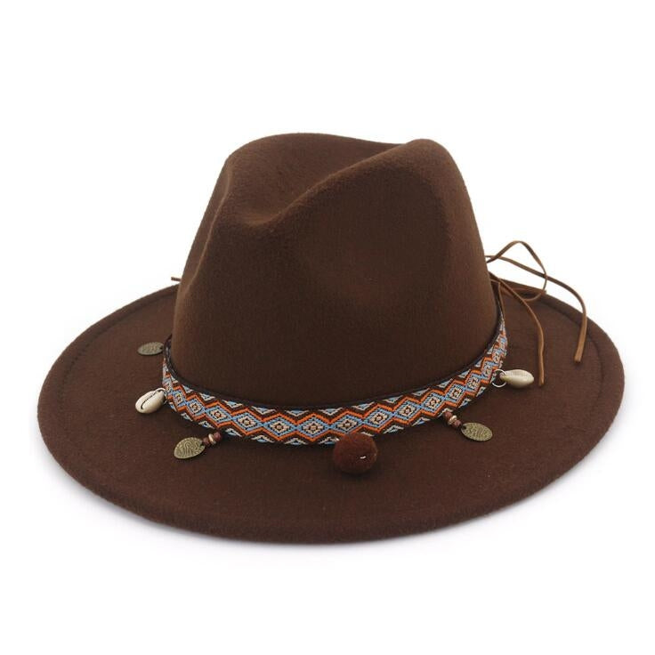 Dark brown felt wide-brim hat with patterned band and small dangling charm tassels