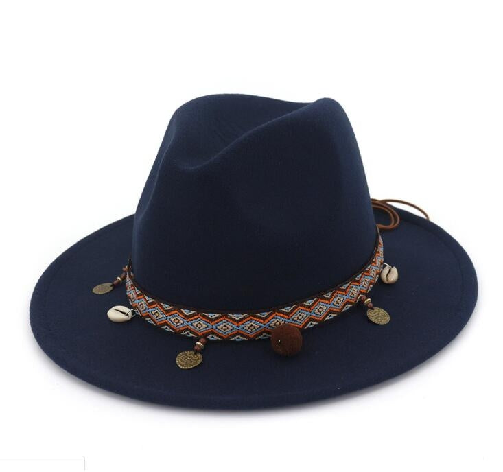 Navy felt wide-brim hat with patterned band and dangling bead coin charm tassels
