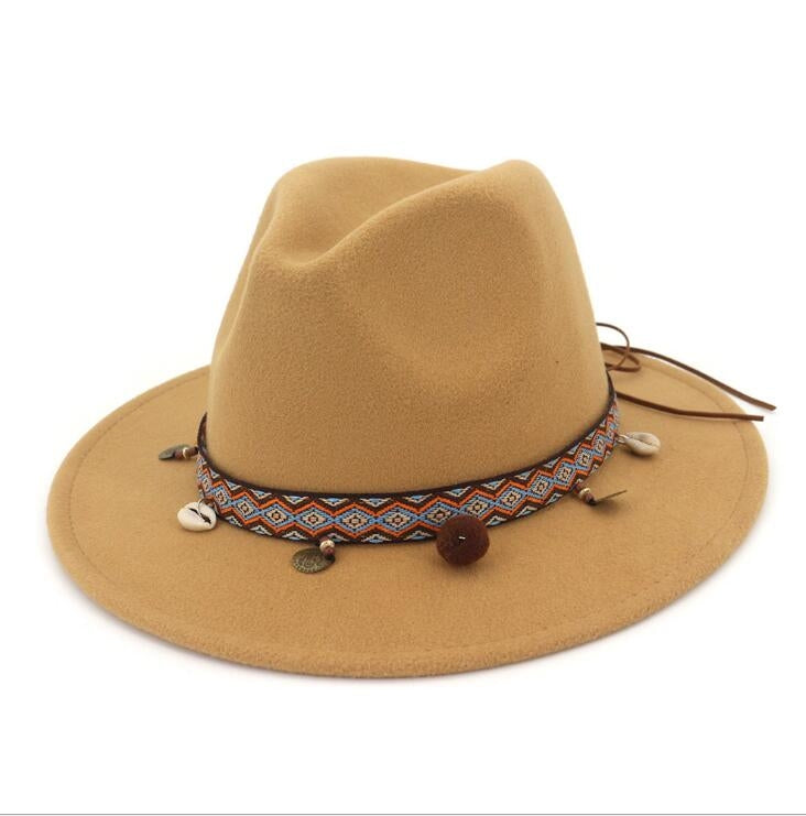 Camel felt wide-brim hat with patterned band and dangling charm tassel trim