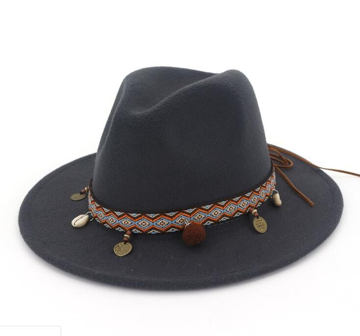 Dark gray felt wide-brim hat with patterned band and small dangling charm tassels