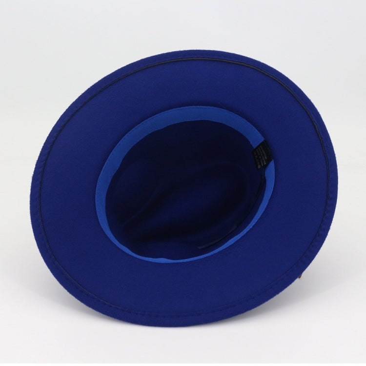 Blue wool felt hat with round crown and visible inner band