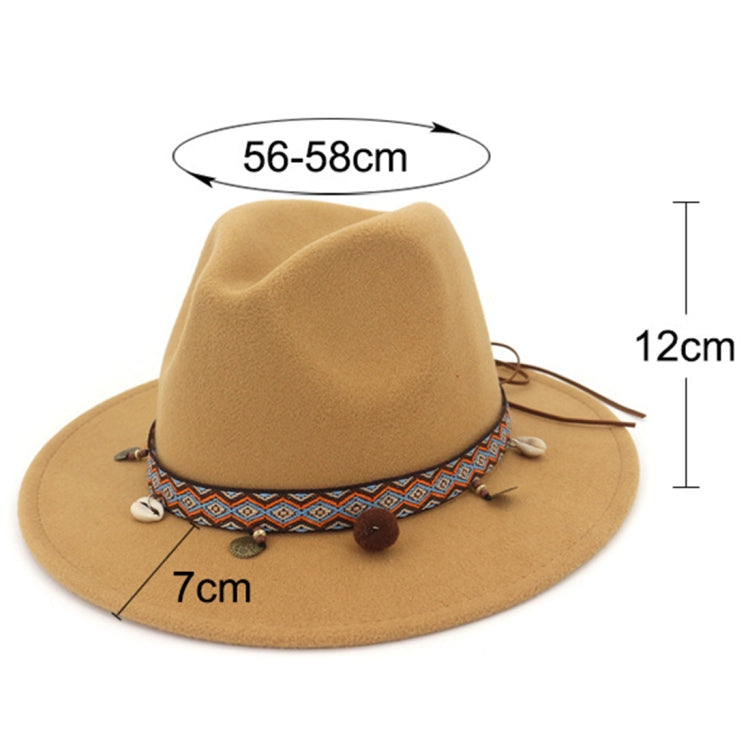 Camel wool felt jazz cap with patterned band; size 56–58 cm shown