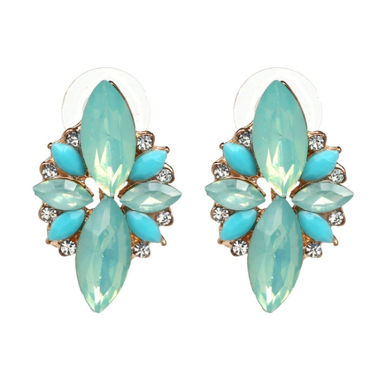 Teal crystal petal earrings with clear rhinestone details and gold-tone settings
