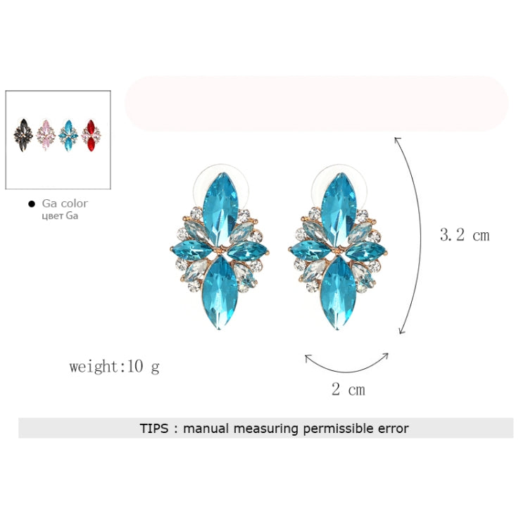 Teal crystal five-petal earrings with gold-tone prongs and clear rhinestone highlights