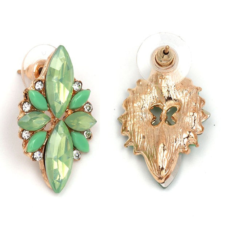 Light green crystal flower earrings with gold-tone leaf setting and clear rhinestone details