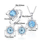 Blue snowflake gemstone jewelry set layout showing ring, pendant, and stud earrings diameters.