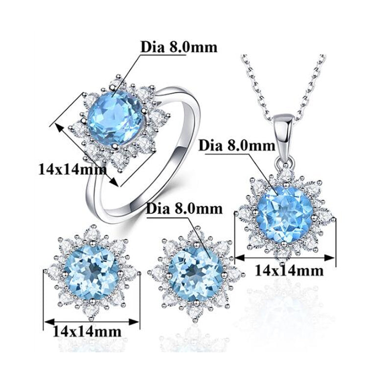 Blue snowflake gemstone jewelry set layout showing ring, pendant, and stud earrings diameters.