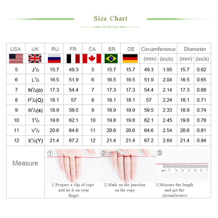 Ring size chart showing circumference and diameter for sizes 5 to 12.
