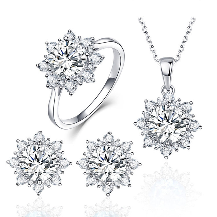 Three-piece silver snowflake gemstone set with crystal stones: ring, necklace pendant, stud earrings