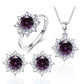 Three-piece silver snowflake gemstone set with purple stones: ring, pendant necklace, stud earrings