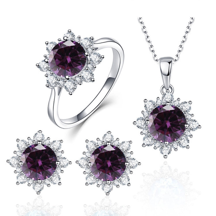 Three-piece silver snowflake gemstone set with purple stones: ring, pendant necklace, stud earrings