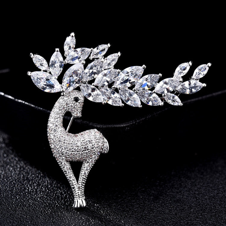 Crystal deer brooch, arched standing design with sparkling stones and leaf-like antlers
