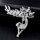 Silver crystal deer brooch with open body design and leaf crown antlers