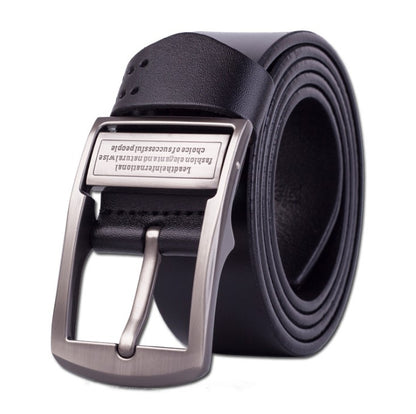 Black leather pin buckle belt with silver-tone rectangular buckle and punched holes