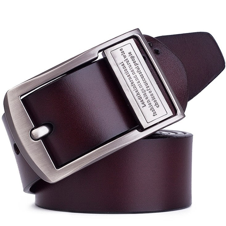 Men's dark brown leather belt with silver pin buckle and stitched edges