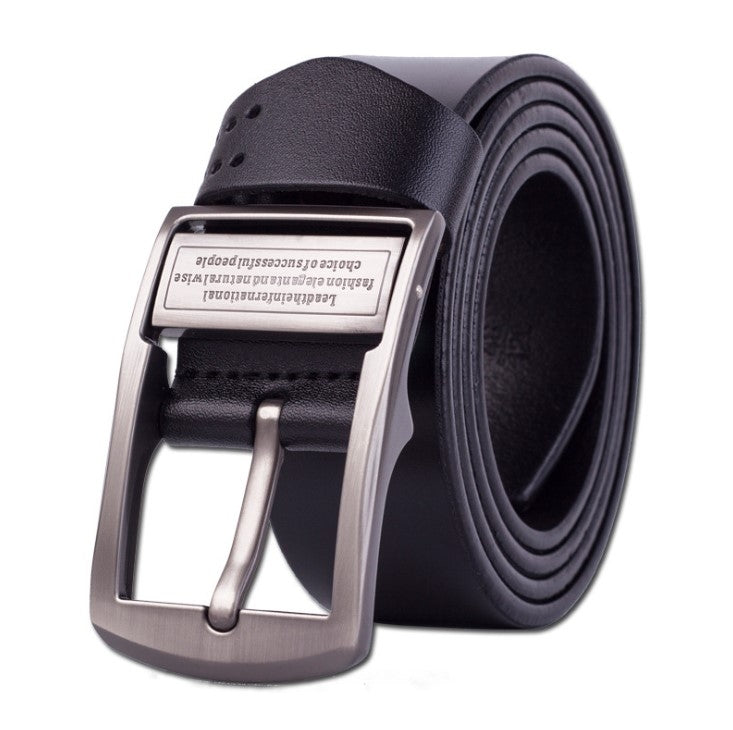 Black leather belt with pin buckle, silver-tone frame, and coiled strap