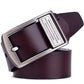 Men's dark brown leather belt with brushed metal pin buckle and belt loops