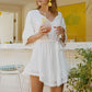 White cotton lace cover-up dress, V-neck, tie waist, scalloped lace hem detail