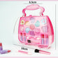 Portable cosmetics toy set with pink heart case, makeup pans, and applicators
