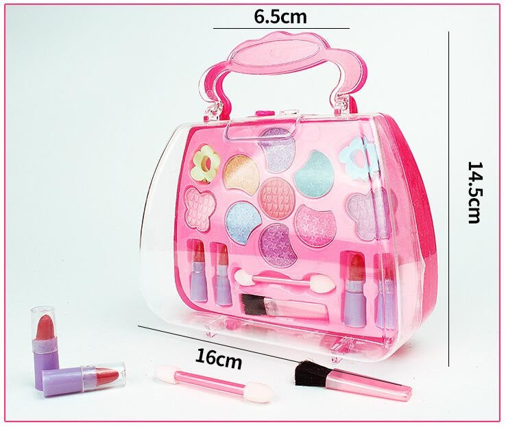 Portable cosmetics toy set with pink heart case, makeup pans, and applicators