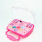 Open pink heart-shaped makeup toy case with colorful cosmetic pan inserts