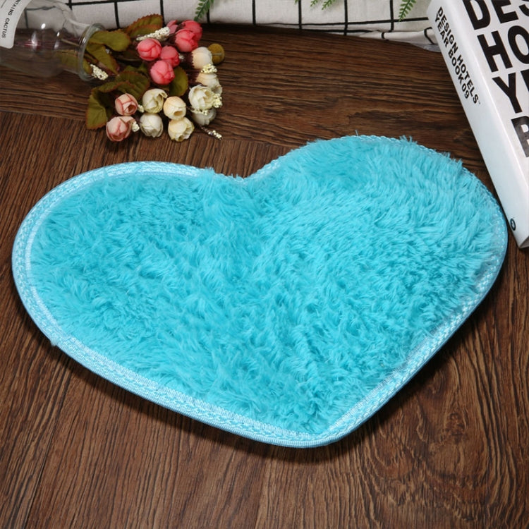 Heart-shaped bath mat, light blue plush with stitched non-slip edge