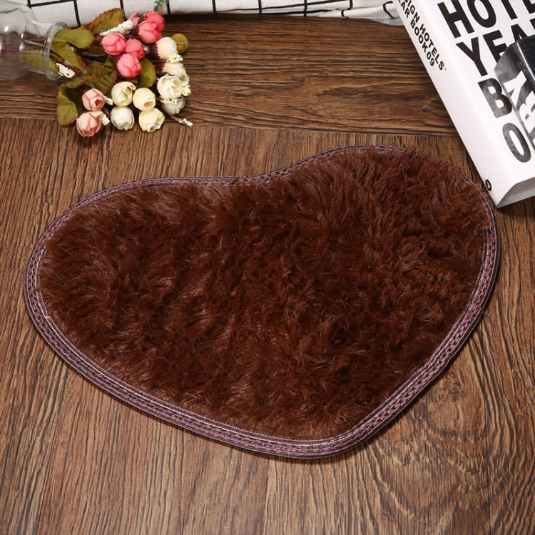 Heart-shaped non-slip bath mat, coffee brown with textured fuzzy pile and stitched edge